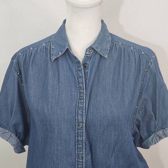 Express Denim Snap-Up Crop Top Tie Front Size XS Western Jean Shirt - Picture 2 of 7